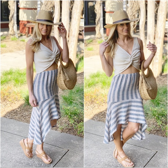 Infinity Raine Dresses & Skirts - RESTOCK✨Navy Taupe Linen Striped High Low Skirt